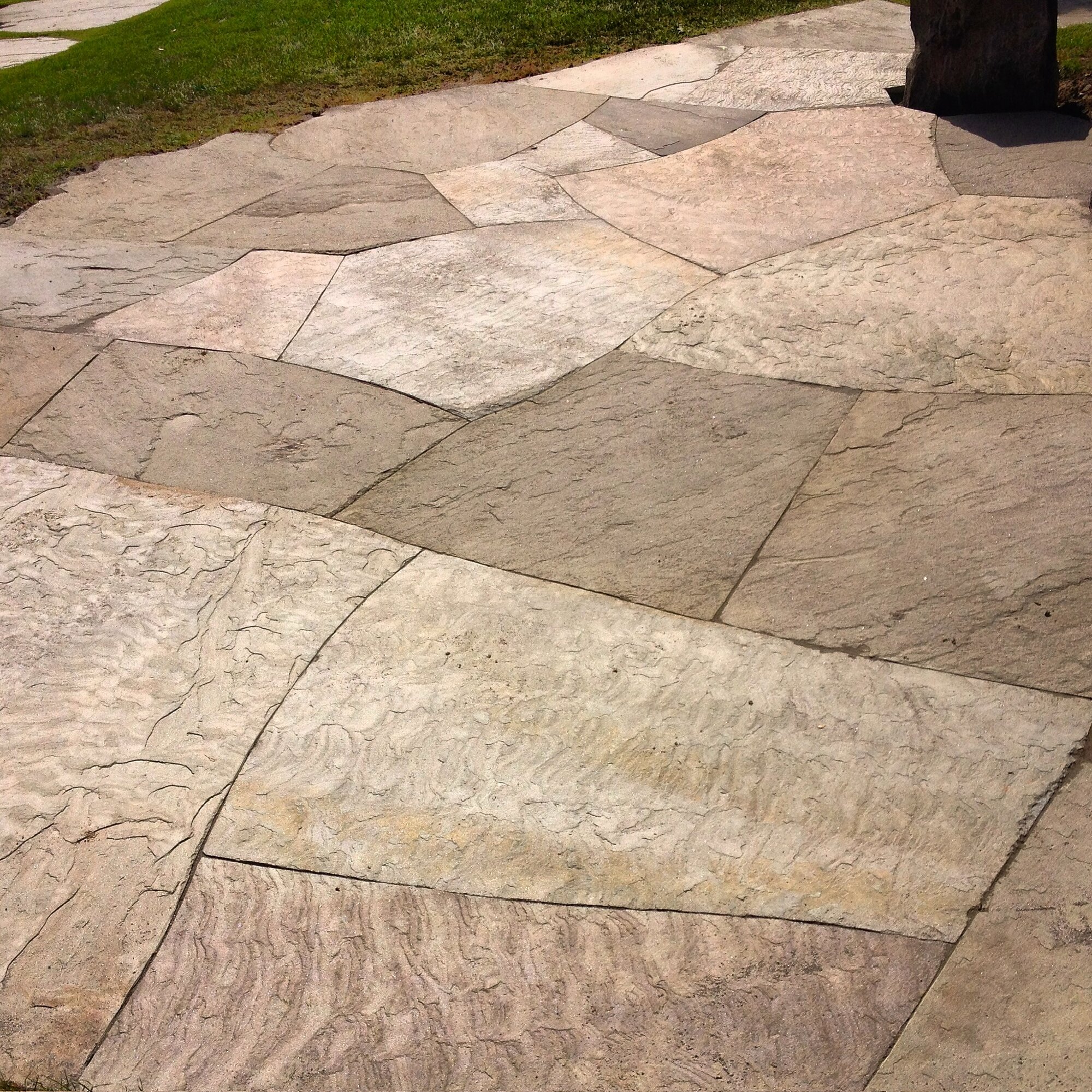 Flagstone patio walkway around a tree